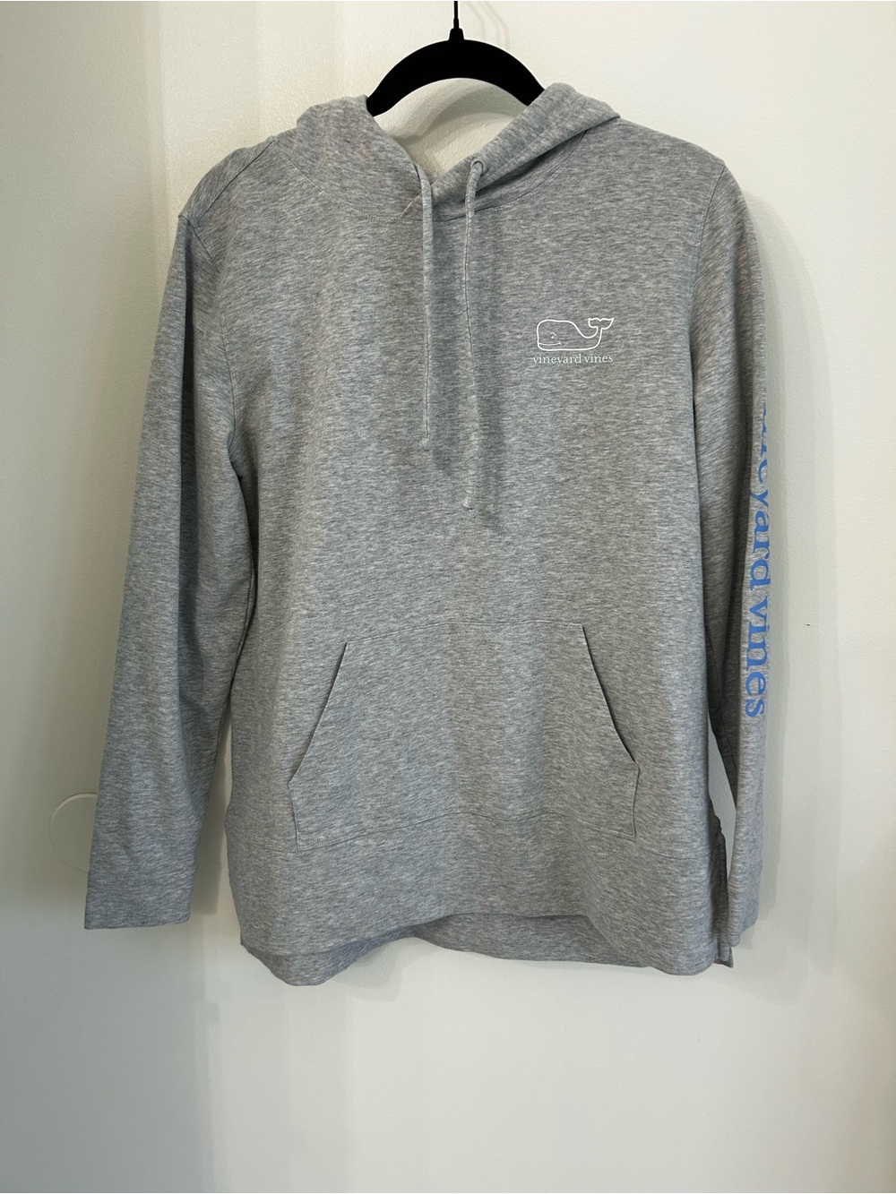 Vineyard Vines Heather Gray Hoodie with Blue Sleeve Script
